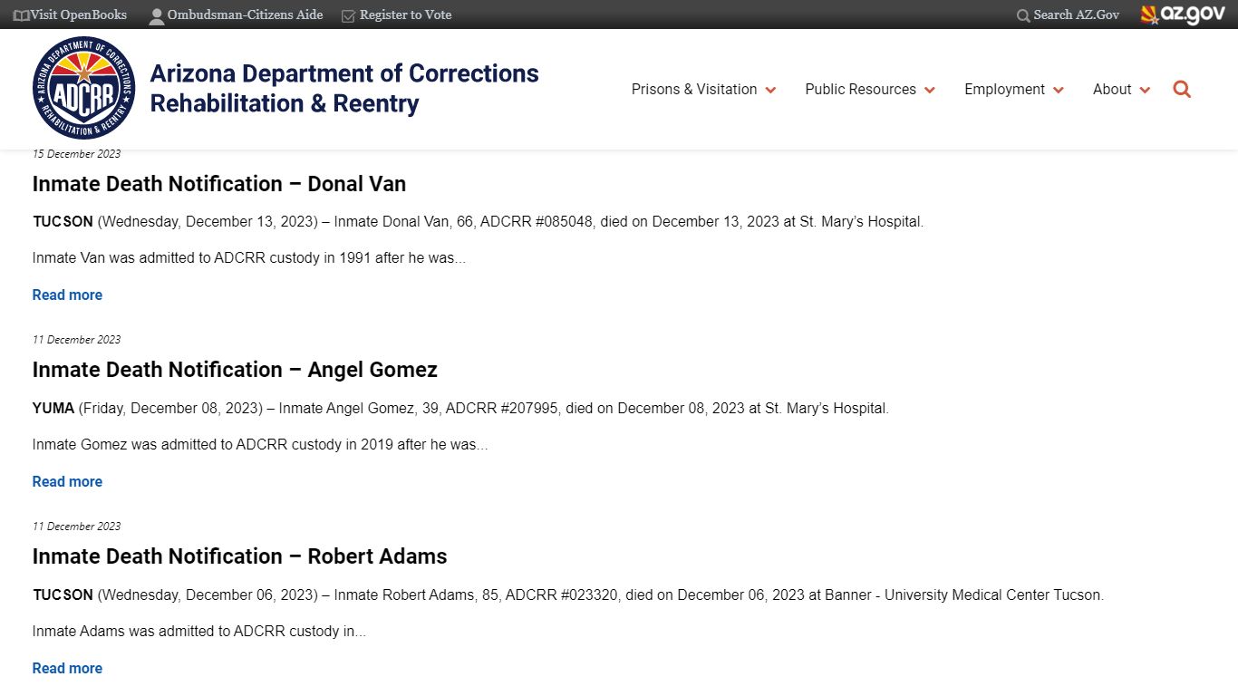 Inmate Death Notification | Arizona Department of Corrections ...